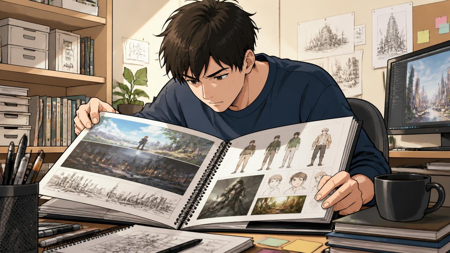 自宅のデスクで自分のポートフォリオ作品集を見直す20代のクリエイター1人、真剣で集中した表情