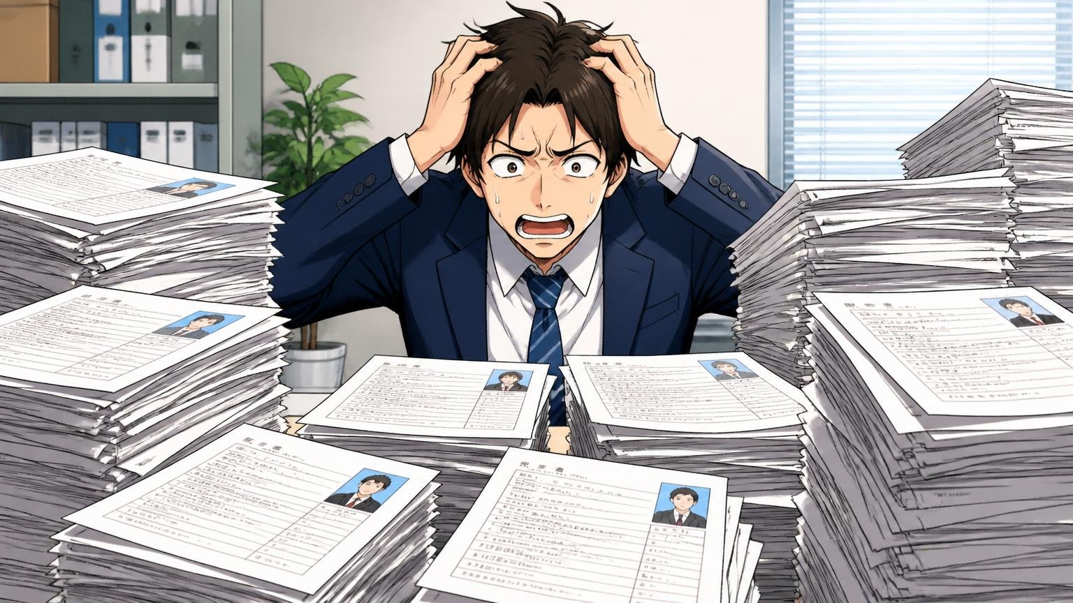高倍率の相対評価で落ちる、たくさんの履歴書の山の前で頭を抱える採用担当者の男性