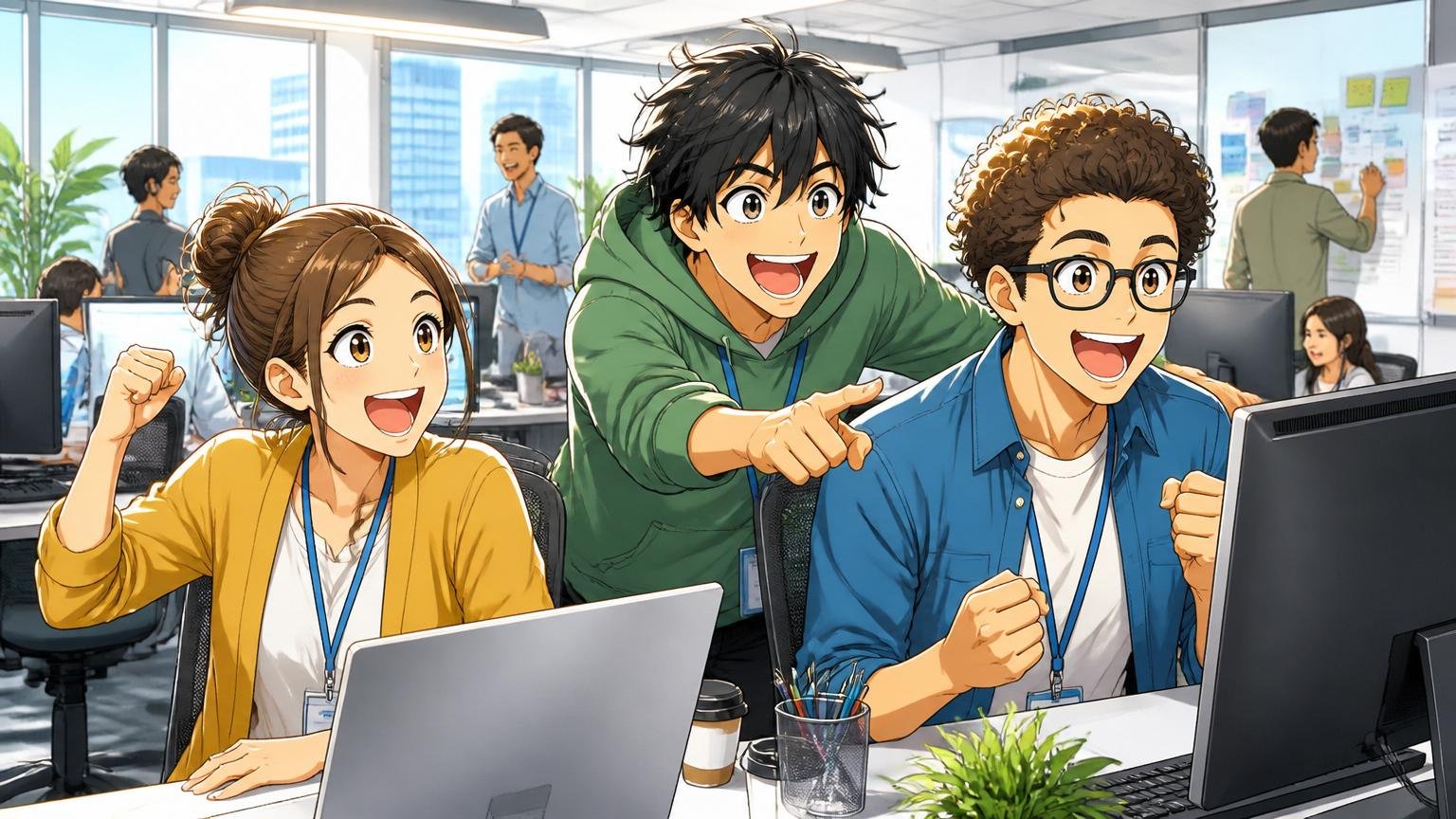 明るく開放的なIT企業のフロアで生き生きと活躍する多様なエンジニア3人、前向きで楽しそうな表情