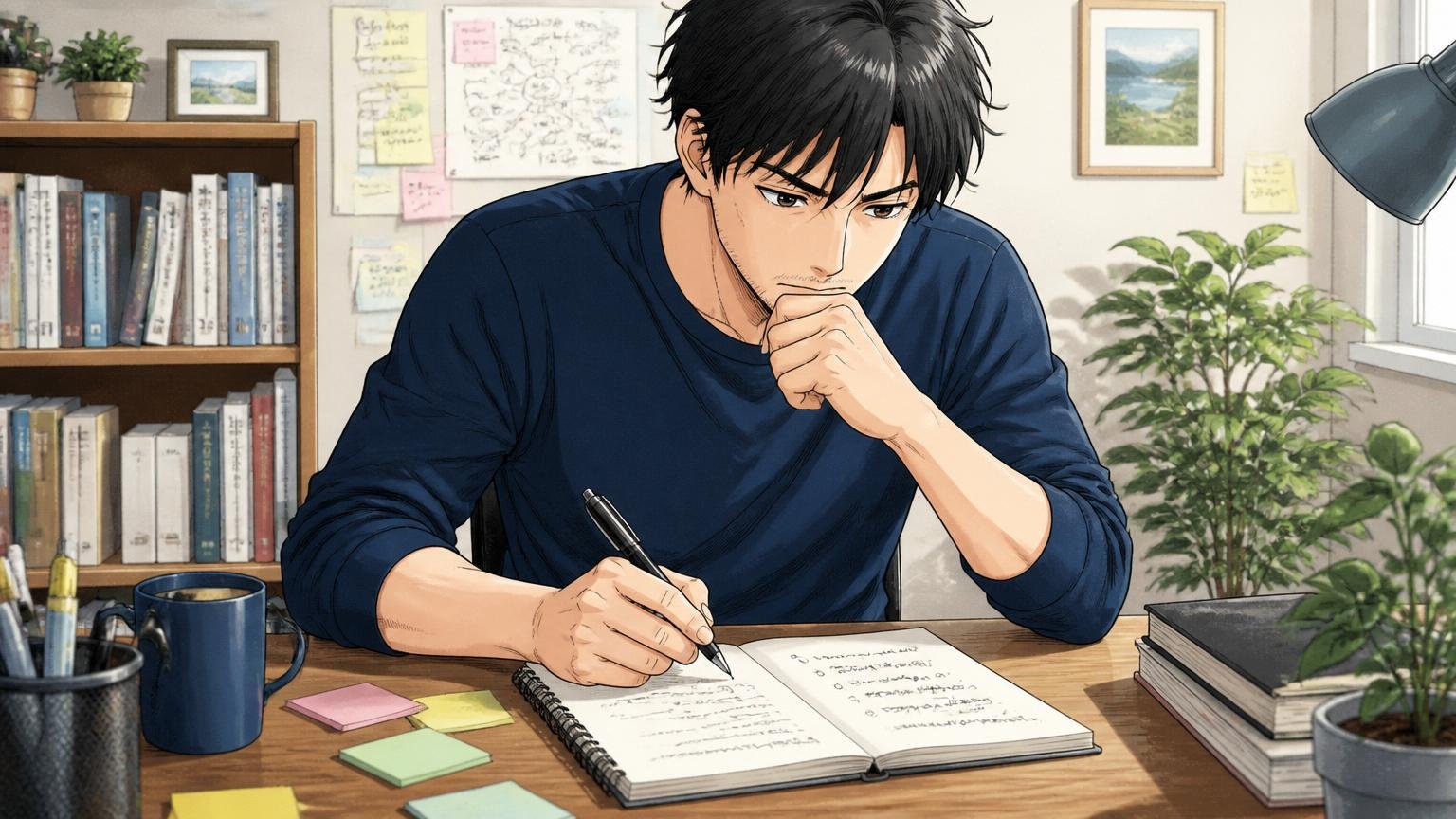 志望の核を言語化する、ノートに自分の価値観を書き出して考え込む30代男性1人