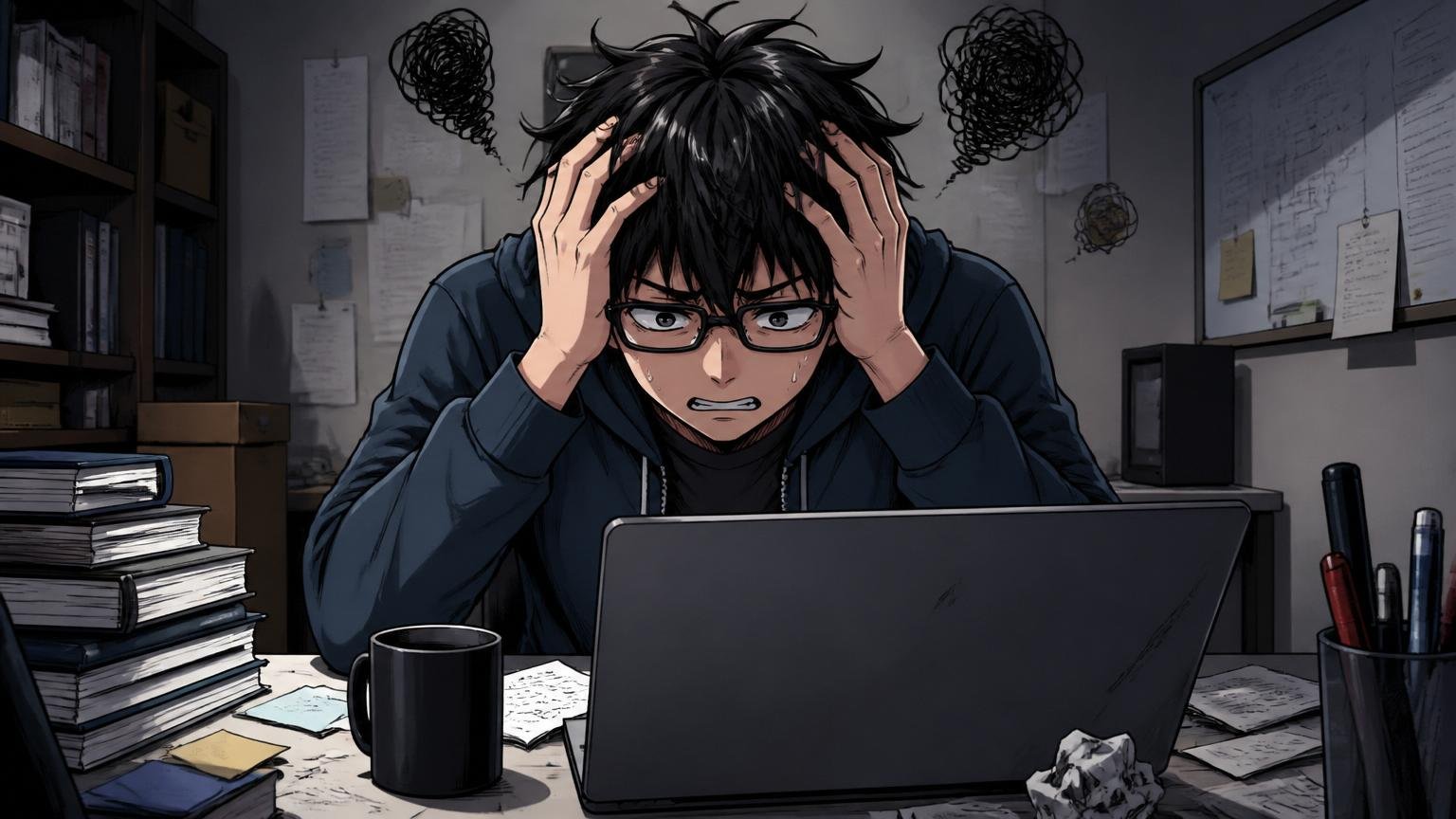 薄暗い自宅の部屋で一人で抱え込み頭を抱えるエンジニア1人、視野が狭くなり思い悩む表情