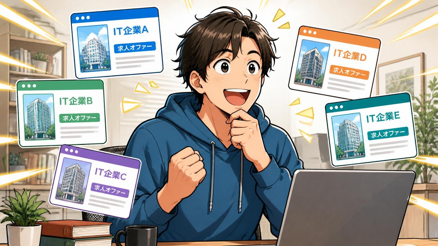 IT経験者は選択肢が広い、複数の求人オファーを前に表情が明るくなるエンジニア1人