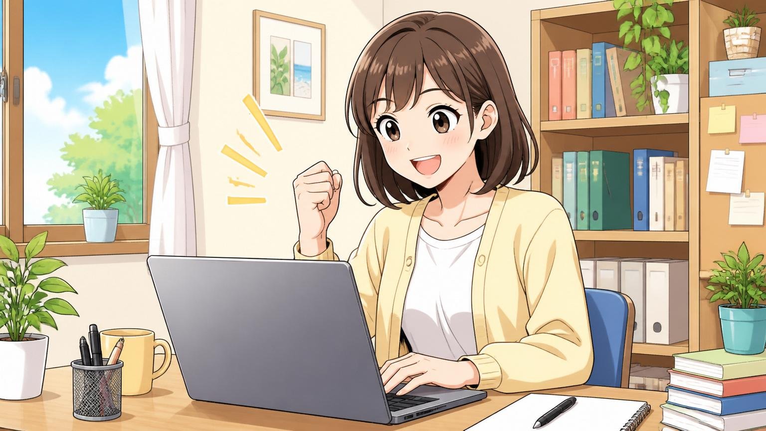 今日からできる小さな一歩、朝のデスクで前向きにノートPCを開く笑顔の20代女性1人