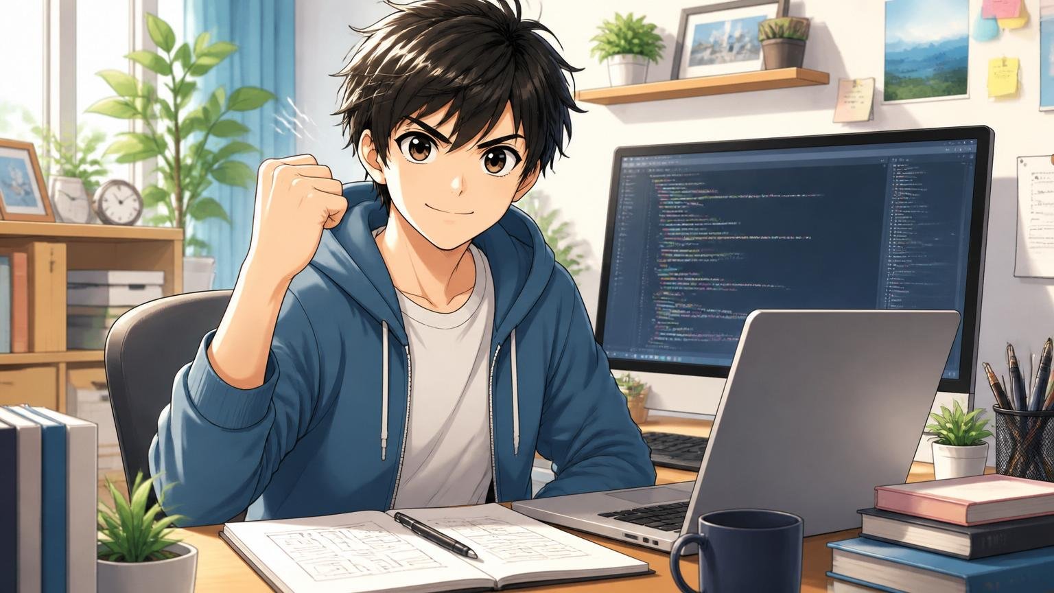 朝の明るい自宅デスクで小さな一歩を踏み出す準備をする前向きなエンジニア1人、決意に満ちた表情