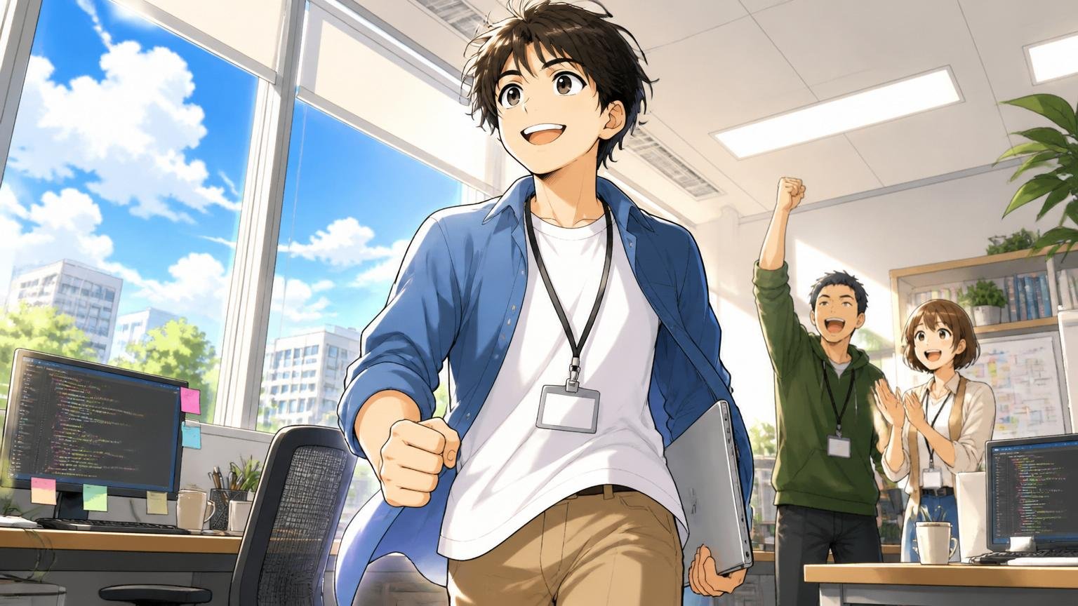 朝日が差す窓辺で晴れやかに前を向き次の一歩を踏み出すエンジニア1人、希望に満ちた明るい表情