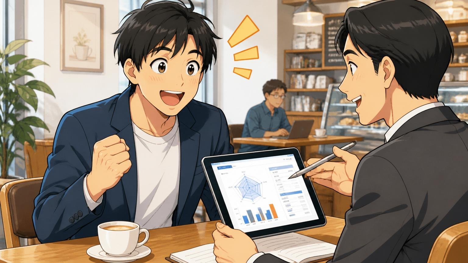 無料相談で市場価値を確かめる、カフェでエージェントに相談し笑顔になる求職者の男性